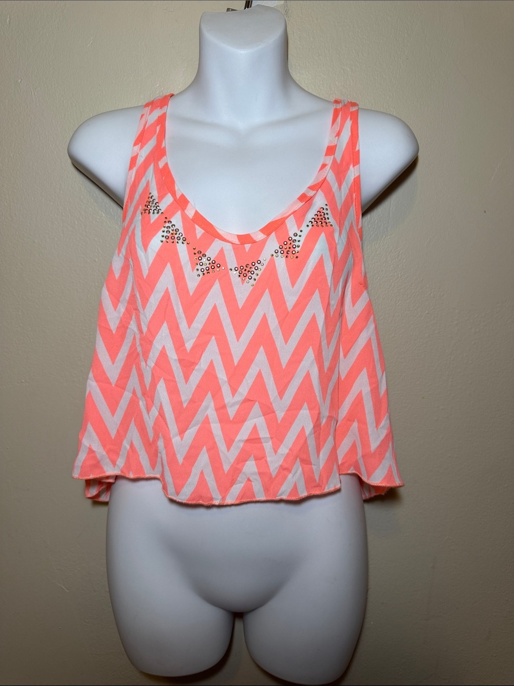 Charlotte Russe Coral and White Chevron Studded Tank